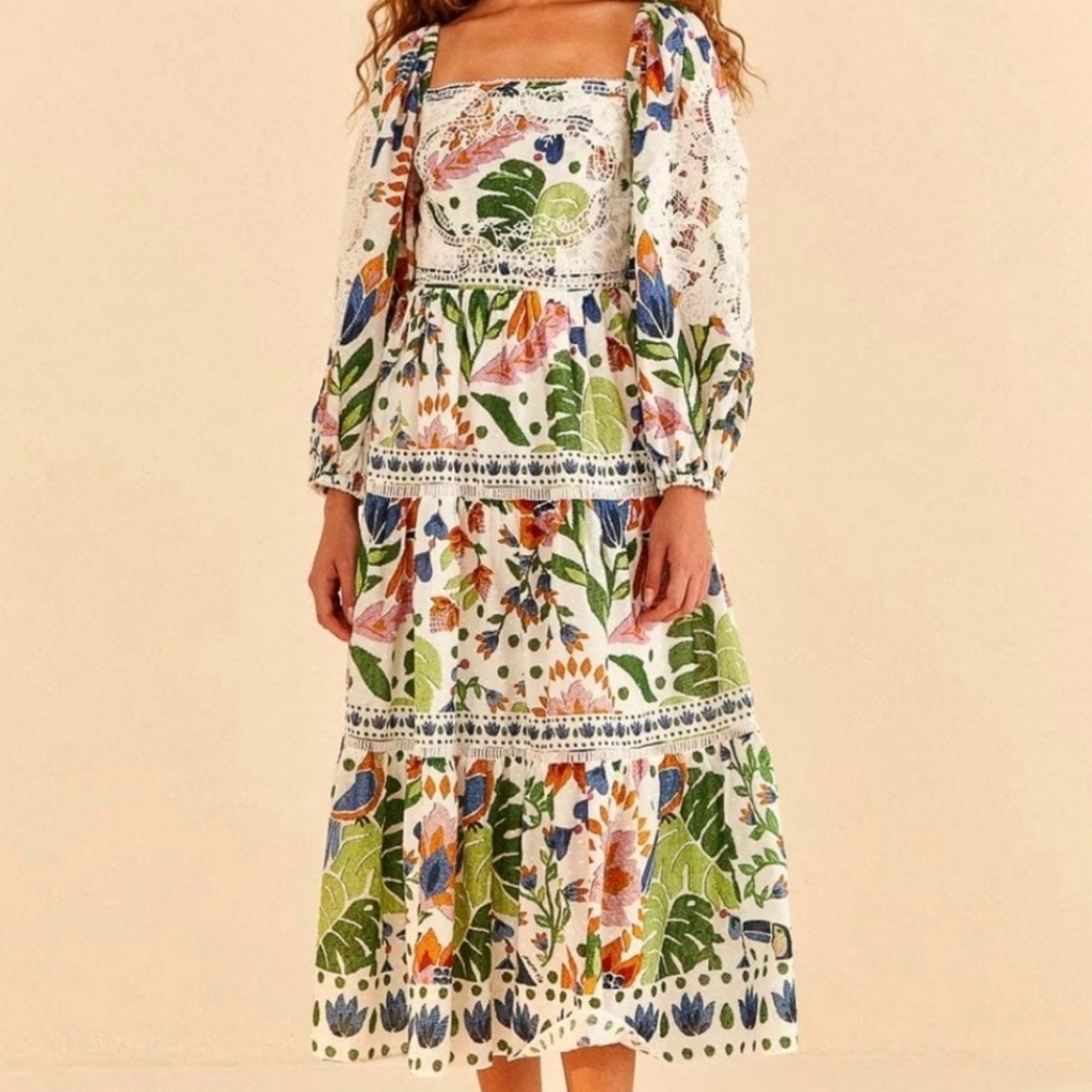 Farm Rio Long Sleeve Summer Garden Midi Dress- Xxs
